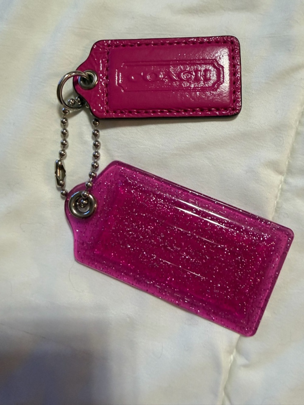Coach Hot Pink Glitter ID Tag and Matching Leather Tag